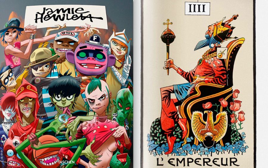 Portada del libro 'Jamie Hewlett' y una de las cartas del tarot del artista