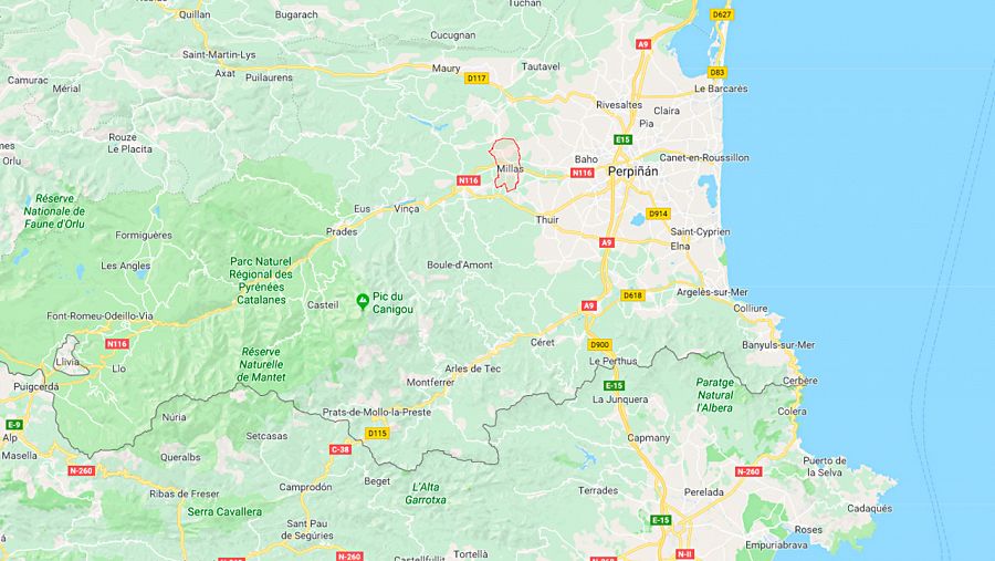 Ubicación en el departamento de Pirineos Orientales de Millas, la localidad francesa en la que un tren y un autobús escolar han colisionado