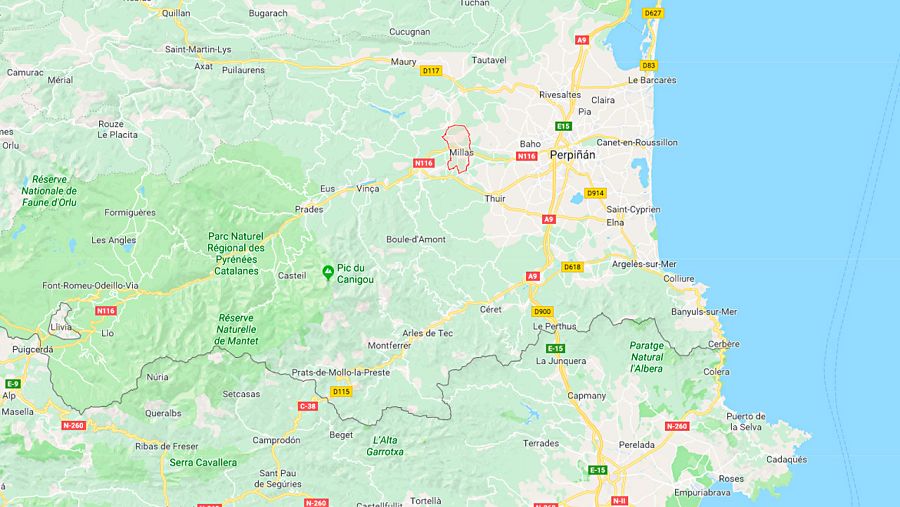 Ubicación en el departamento de Pirineos Orientales de Millas, la localidad francesa en la que un tren y un autobús escolar han colisionado