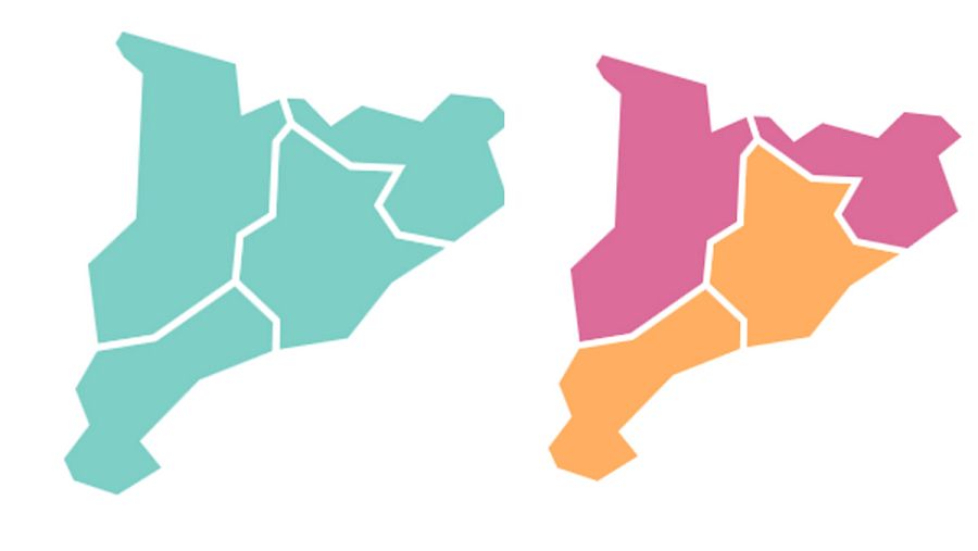 En 2015, Cataluña era del color de JxSí. En 2017, se divide entre JxCat y Ciudadanos (naranja)