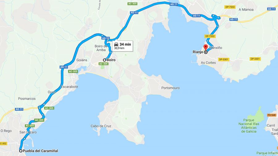 Mapa con la situación de A Pobra do Caramiñal, donde desapareció Diaana Quer, Boiro, lugar de la denuncia de un intento de secuestro y Rianxo, residencia del principal sospechoso