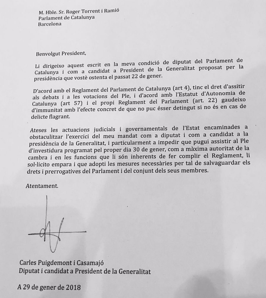 Escrito de Puigdemont dirigido a Roger Torrent.
