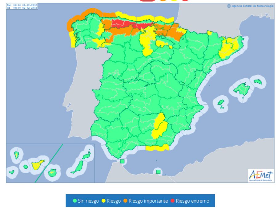 Previsión de alertas de la AEMET para el jueves 1 de febrero