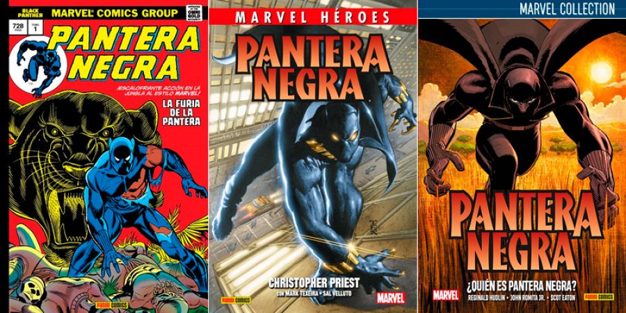 Portadas de 'Marvel Gold: Pantera Negra', 'Héroes Marvel: Pantera Negra de Christopher Priest' y 'Marvel Collection: Pantera Negra de Hudlin'