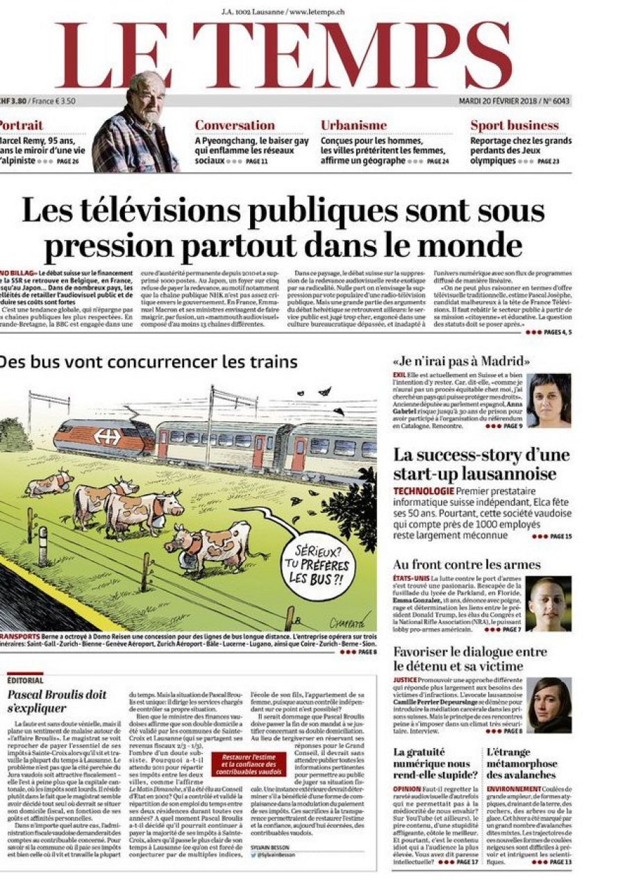 Portada del diario suizo Le Temps del 20 de febrero de 2018