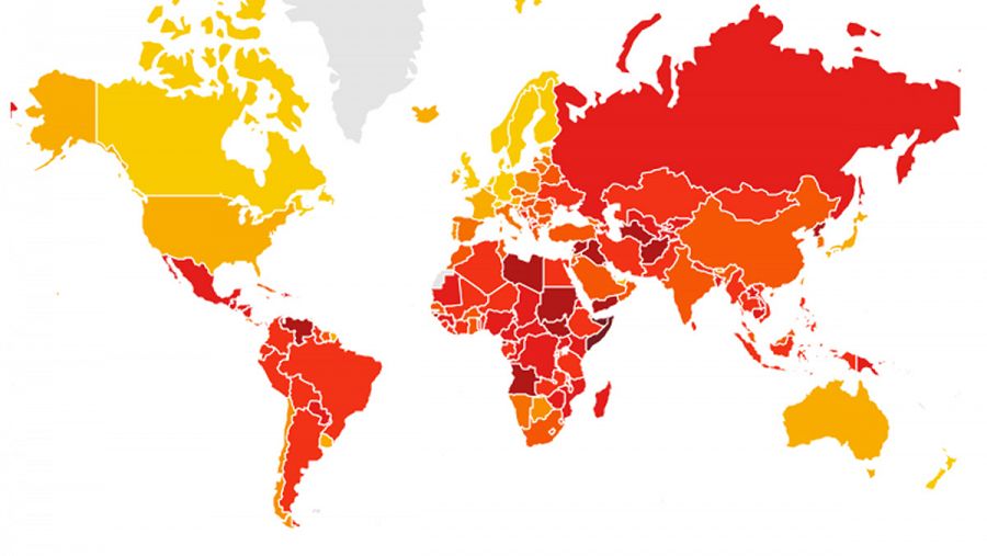 Mapa del ranking de corrupción mundial de Transparencia Internacional, año 2017