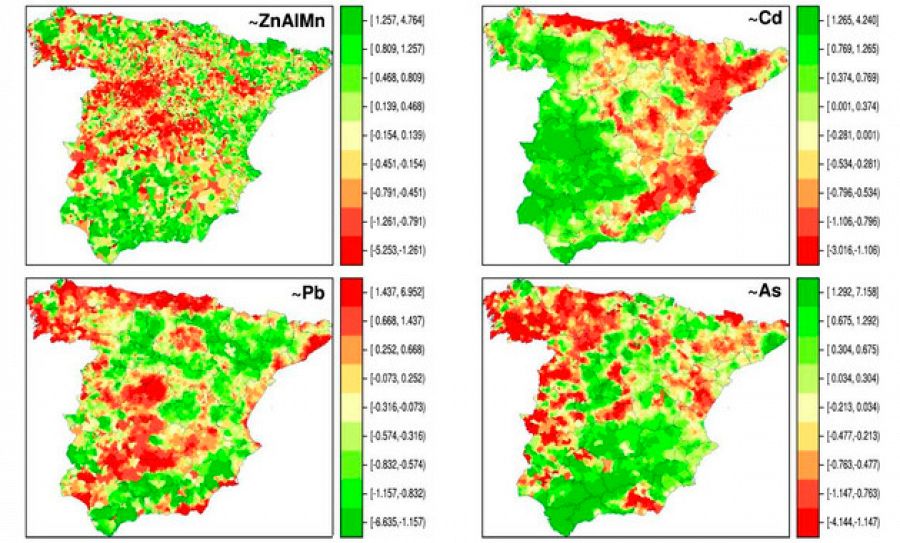 Distribución espacial de la composición de metales en suelo en los municipios españoles de la península ibérica, en concreto, zinc (Zn), aluminio (Al), manganeso (Mn), cadmio (Cd), plomo (Pb) y arsénico (As). / G. López-Abente et al./Environ Sci Pol