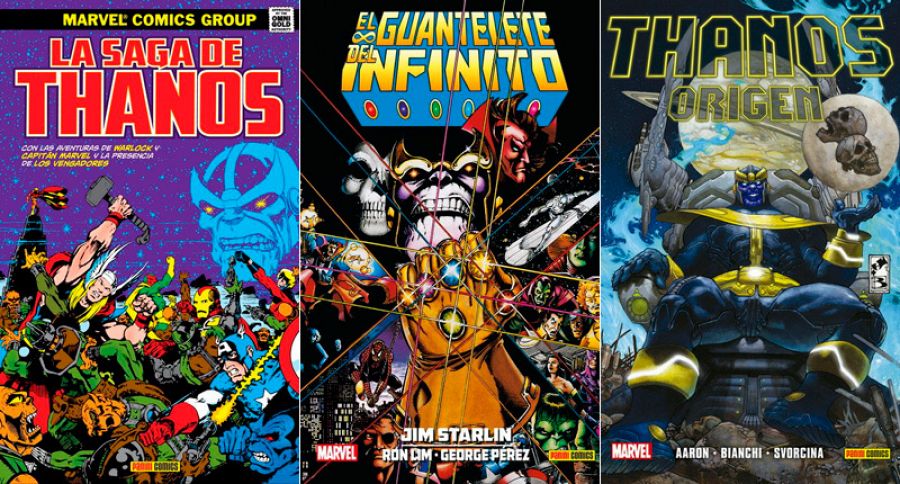 Portadas de 'Marvel Gold: La saga de Thanos', 'El Guantelete del Infinito' y 'Thanos: Origen'
