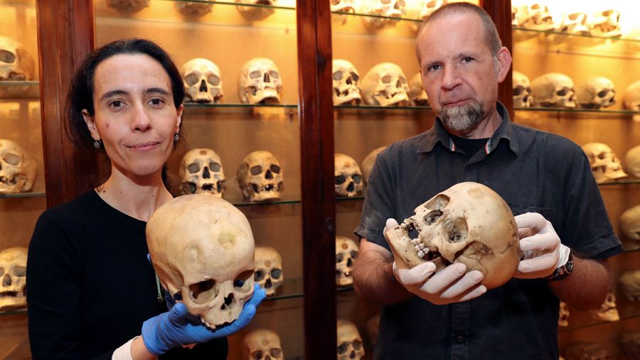 La conservadora del Museo Canario, Teresa Delgado, y el arqueólogo de la Universidad de Las Palmas de Gran Canaria, Javier Velasco, muestran dos de los cráneos de niños estudiados.