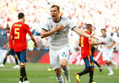 Dzyuba celebra el empate anotado ante España.