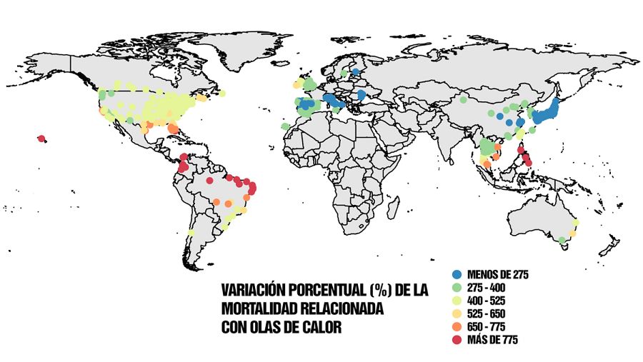 Mapa mundial de mortalidad de las zonas más afectadas por el aumento de las olas de calor