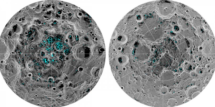 Imagen de localización del hielo descubierto cerca de los polos de la Luna