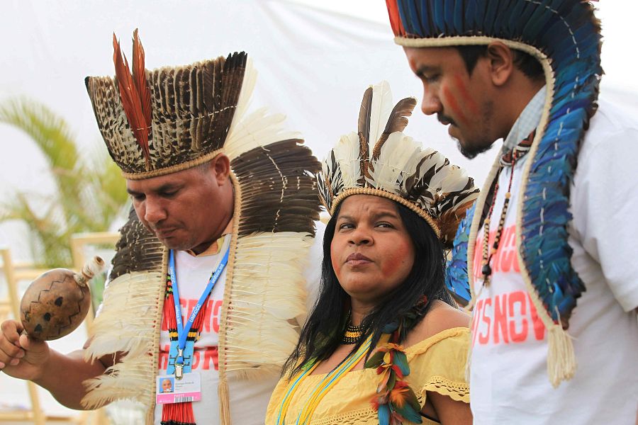 Sonia Guajajara junto a integrantes de su comunidad en una acto de protesta en Lima (Perú) durante la cumbre del cambio climático celebrada en 2014.