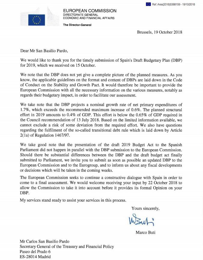 Carta remitida por Bruselas a España que advierte del riesgo de incumplir el ajuste requerido 