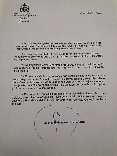 Comunicado del juez Manuel Marchena en el que renuncia a presidir el CGPJ