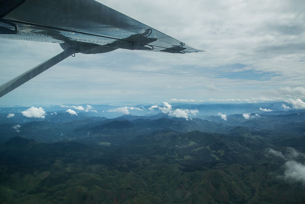 Sobrevolamos la selva hacia Lulingu. El ala de la avioneta se ve en primer plano.