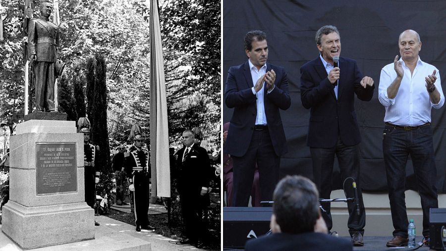 A la izquierda, imagen de la inauguración de la estatua a Perón en Madrid en 1975; a la derecha, Macri interviene tras descubrir la escultura a Perón en Buenos Aires en 2015