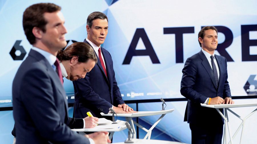 Casado, Iglesias, Sánchez y Rivera, antes del debate de Atresmedia