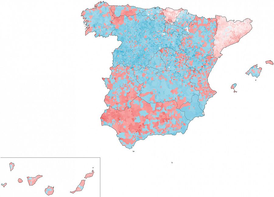 Victoria del bloque de la izquierda (rojo) o de la derecha (azul) por municipios en las elecciones generales de 2019