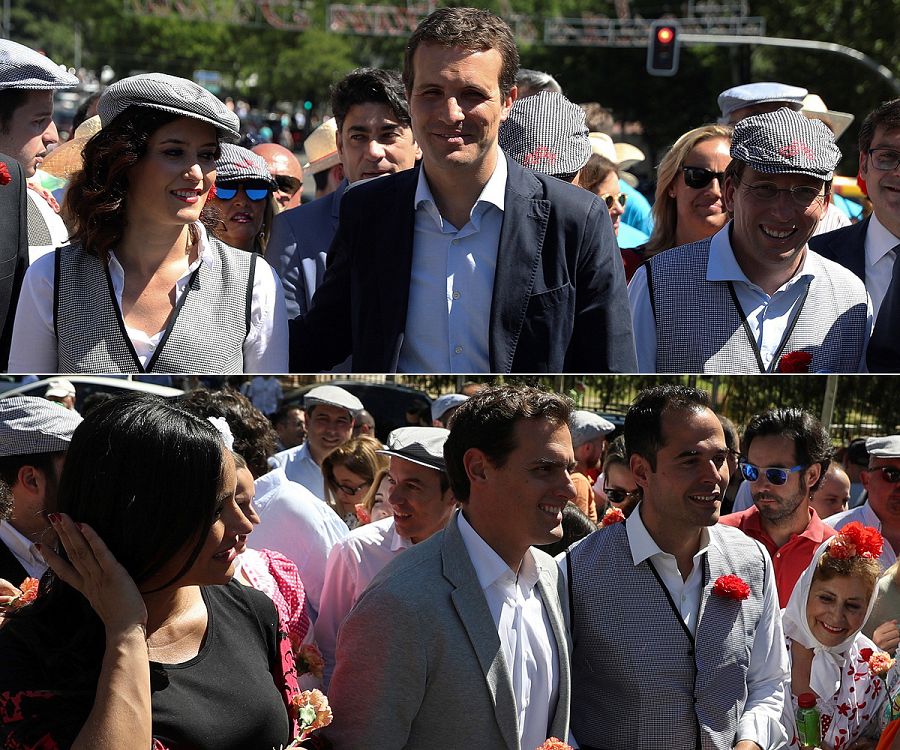 Pablo Casado y Albert Rivera, en la pradera de San Isidro en Madrid junto a sus candidatos para el 26M.