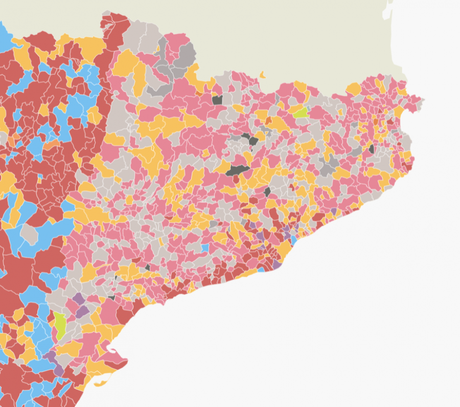 Mapa de resultados de las elecciones municipales en Cataluña.