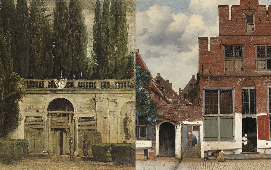(I): 'Vista del jardín de la Villa Medici en Roma', Diego Velázquez, 1630, Museo Nacional del Prado. (D): 'Vista de casas en Delft' (¿La callejuela¿), Johannes Vermeer, 1658, Rijksmuseum.