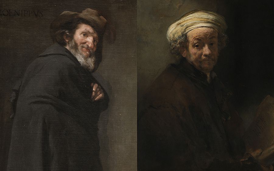 (I): 'Menipo', Diego Velázquez, 1638, Museo Nacional del Prado. (D): 'Autorretrato como el apóstol san Pablo', Rembrandt van Rijn, 1661, Rijksmuseum Amsterdam.