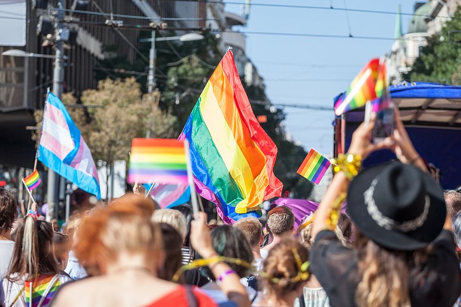 Imagen de una muchedumbre durante una manifestación del Orgullo sosteniendo banderas LGTBI y trans.
