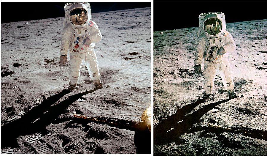 A la izquierda, la fotografía de Aldrin que tomó Armstrong; a la derecha, la versión retocada por la NASA que fue difundida.