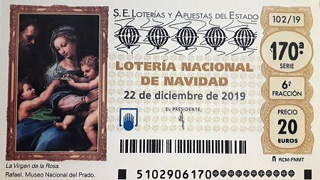 Fragmento del décimo de Lotería de Navidad 2019 con la imagen de La Virgen de la Rosa de Rafael