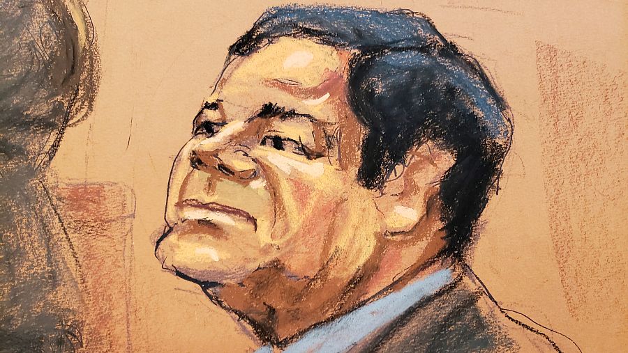 Dibujo de Joaquín el Chapo Guzman, durante el juicio celebrado contra él en Nueva York