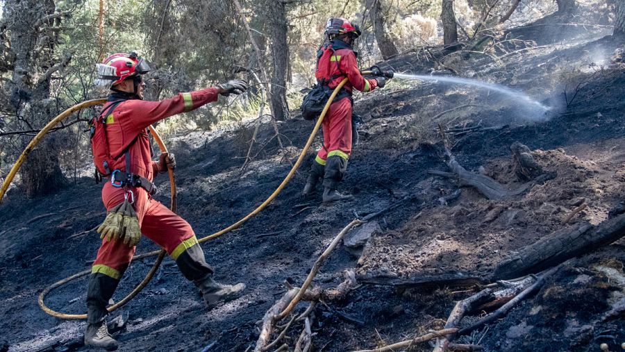 Dos miembros de la Unidad Militar de Emergencias (UME) trabajan para extinguir completamente el incendio de La Granja.