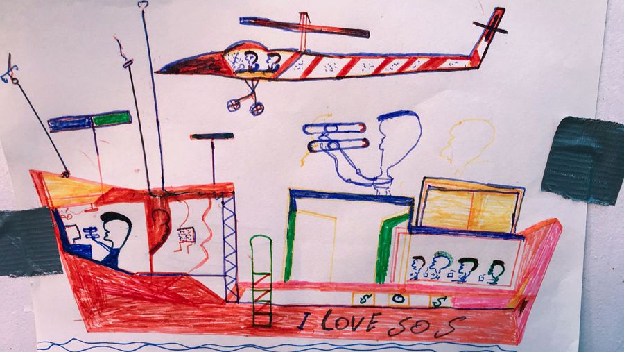 Dibujo realizado por uno de los más de cien menores rescatados por el Ocean Viking en el Mediterráneo Central
