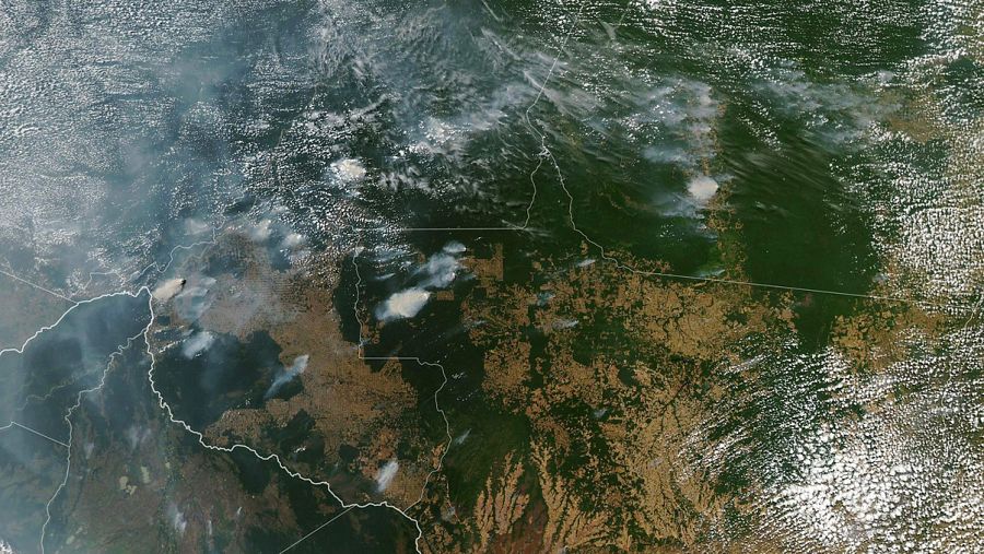 Imagen de satélite de los incendios en la Amazonía. Son visibles incendios en los estados de Amazonas (arriba, centro izquierda), Para (arriba a la derecha), Mato Grosso (abajo a la derecha) y Rondonia (abajo, centro) el 11 de agosto de 2019.