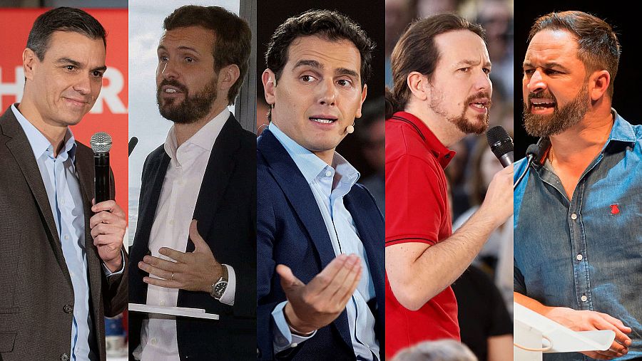 Los candidatos a presidir el Gobierno que participan en el debate a cinco en RTVE.