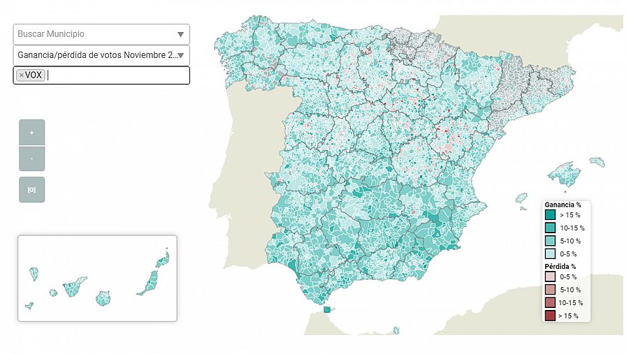 Ganancia y pérdida de votos (en %) de Vox entre las elecciones del 28A y el 10N