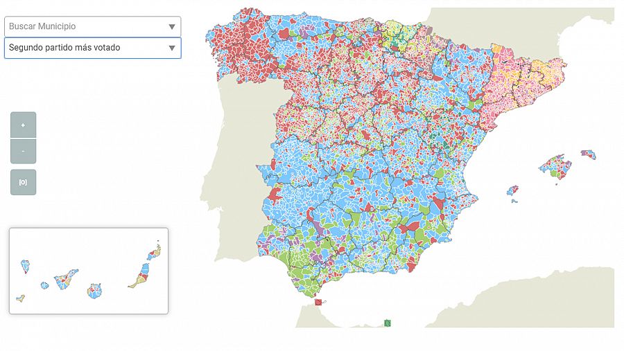 Mapa resultados electorales: El segundo partido más votado en cada municipio español el 10N. Vox aparece en verde.