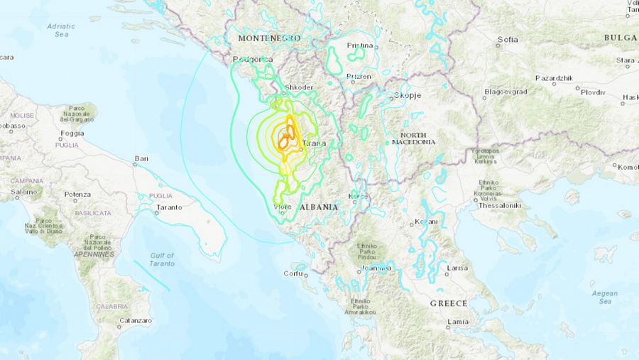 Mapa que muestra la localización del epicentro del terremoto en Albania. Fuente: United States Geological Survey, USGS