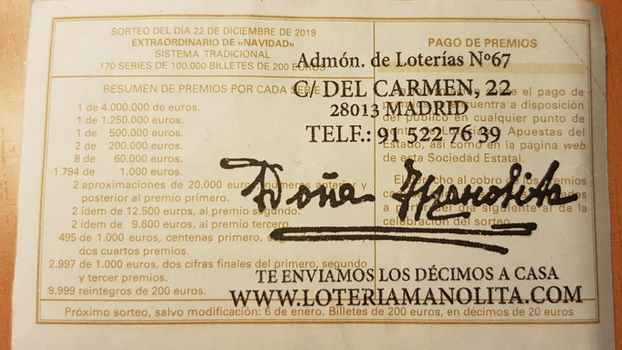 Reverso de un décimo genuino de Doña Manolita