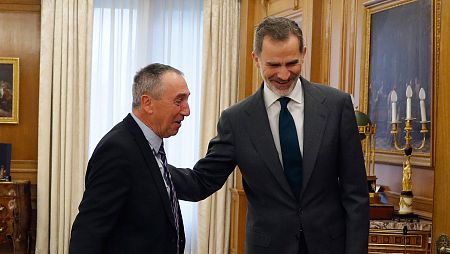 El rey Felipe VI saluda al diputado de Compromís, Joan Baldoví