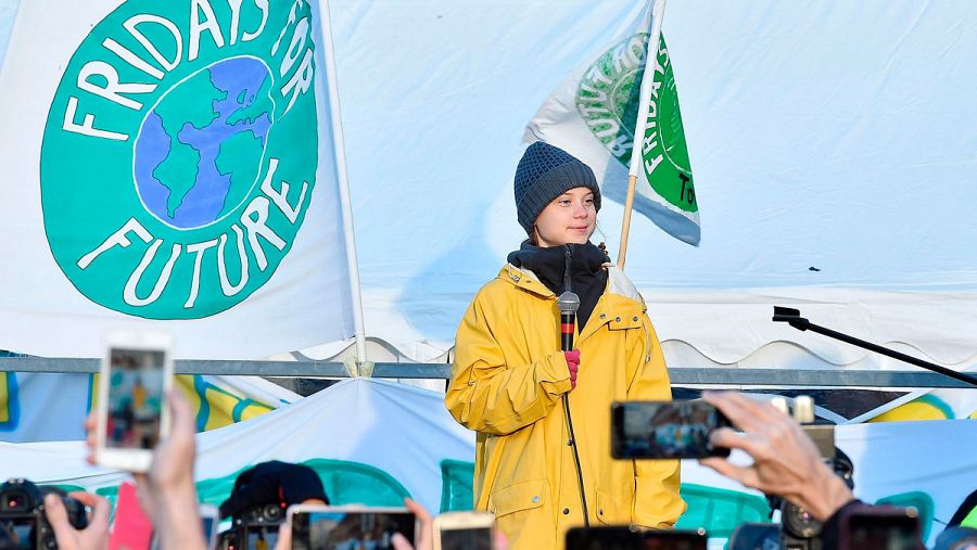 Greta Thunberg, en una manifestación en Turín, justo después de participar en la Cumbre del Clima de Madrid.