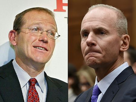 El actual presidente de Boeing, David L. Calhoun, (izquierda) sustituirá al consejero delegado, Dennis Muilenburg, (derecha).