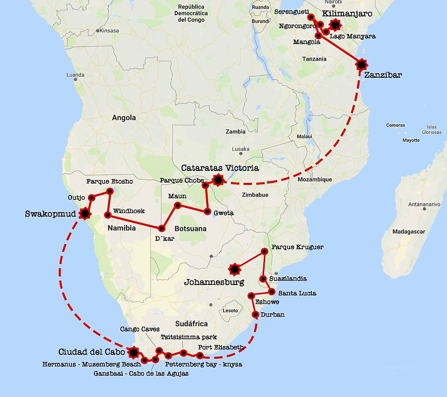 Ruta de Mi familia en la mochila en su aventura por África