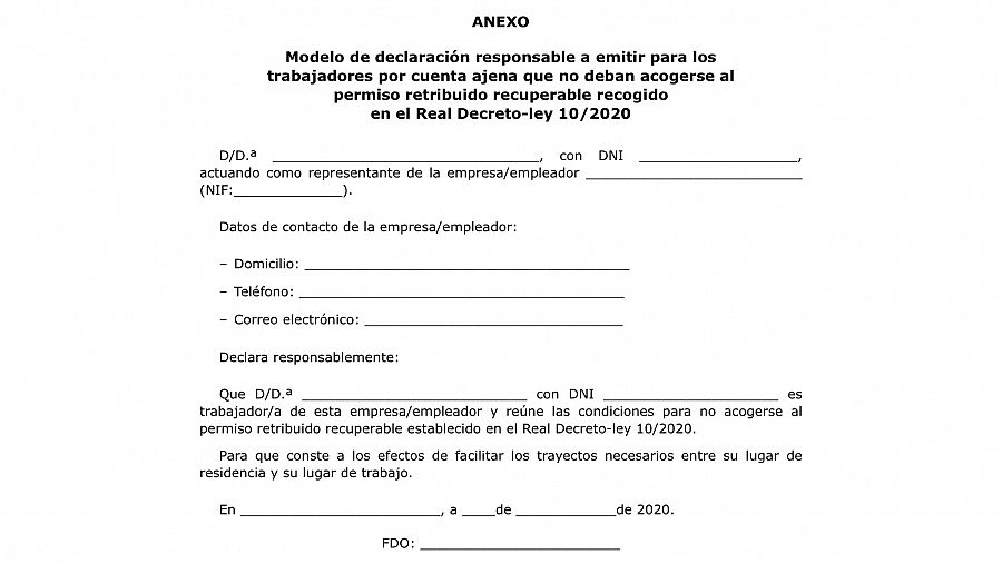 Modelo de declaración a emitir para los trabajadores por cuenta ajena que no deban acogerse al permiso retribuido recuperable