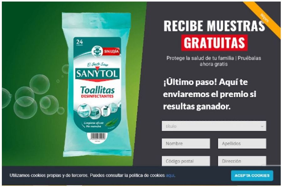 Captura del correo electrónico con la ciberestafa utilizando el nombre de la marca Sanytol