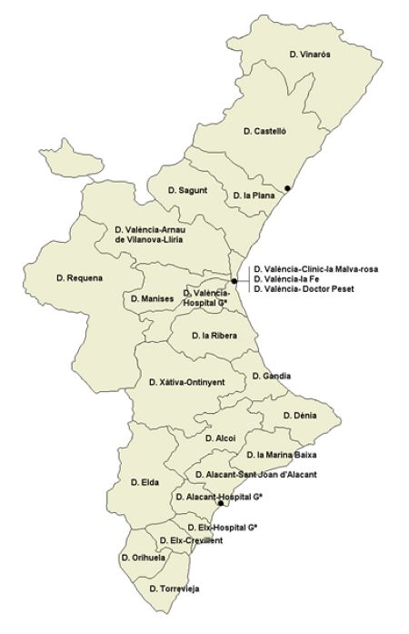 Los 24 departamentos de salud de la Comunidad Valenciana.