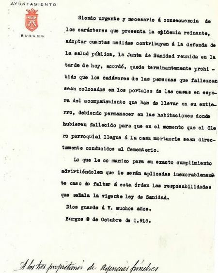 Imagen de una de las páginas publicadas en el Boletín Oficial de la provincia de Burgos en 1918 con motivo de la gripe española.