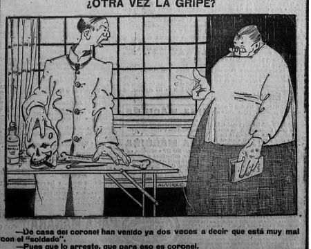 Imagen satírica sobre el brote de gripe de 1918 en España.