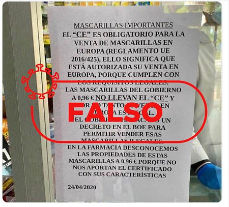 Cartel informando sobre la inexistencia de las siglas CE en las mascarillas proporcionadas por el Gobierno de España.