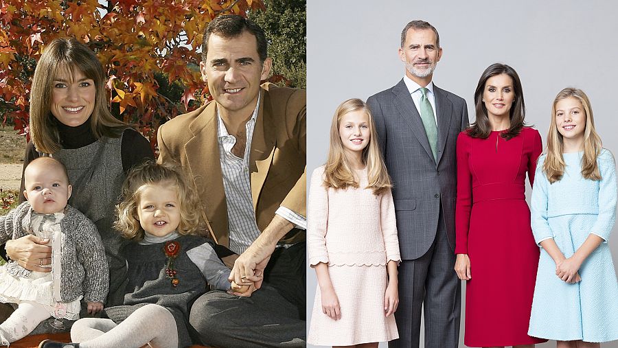 El posado de los Reyes junto a sus hijas, Leonor y Sofía, en 2017 y en 2020